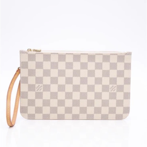 LOUIS VUITTON Damier Azur Neverfull MM GM Pochette Leather Wristlet Gold Zip - Picture 1 of 16